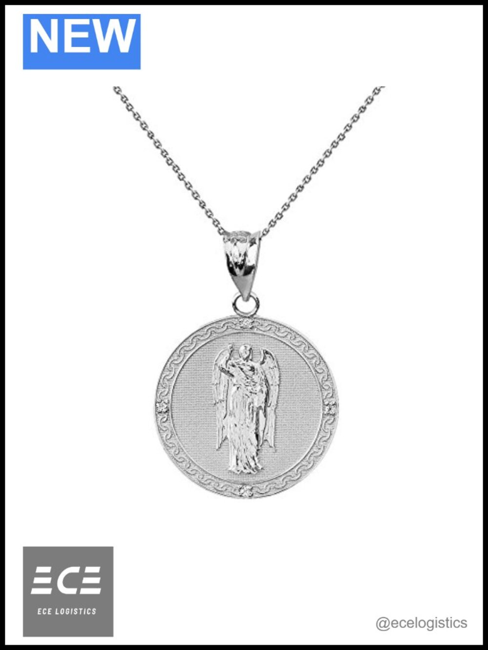 Sterling Silver Saint Gabriel Archangel CZ Round Medal Necklace 1"